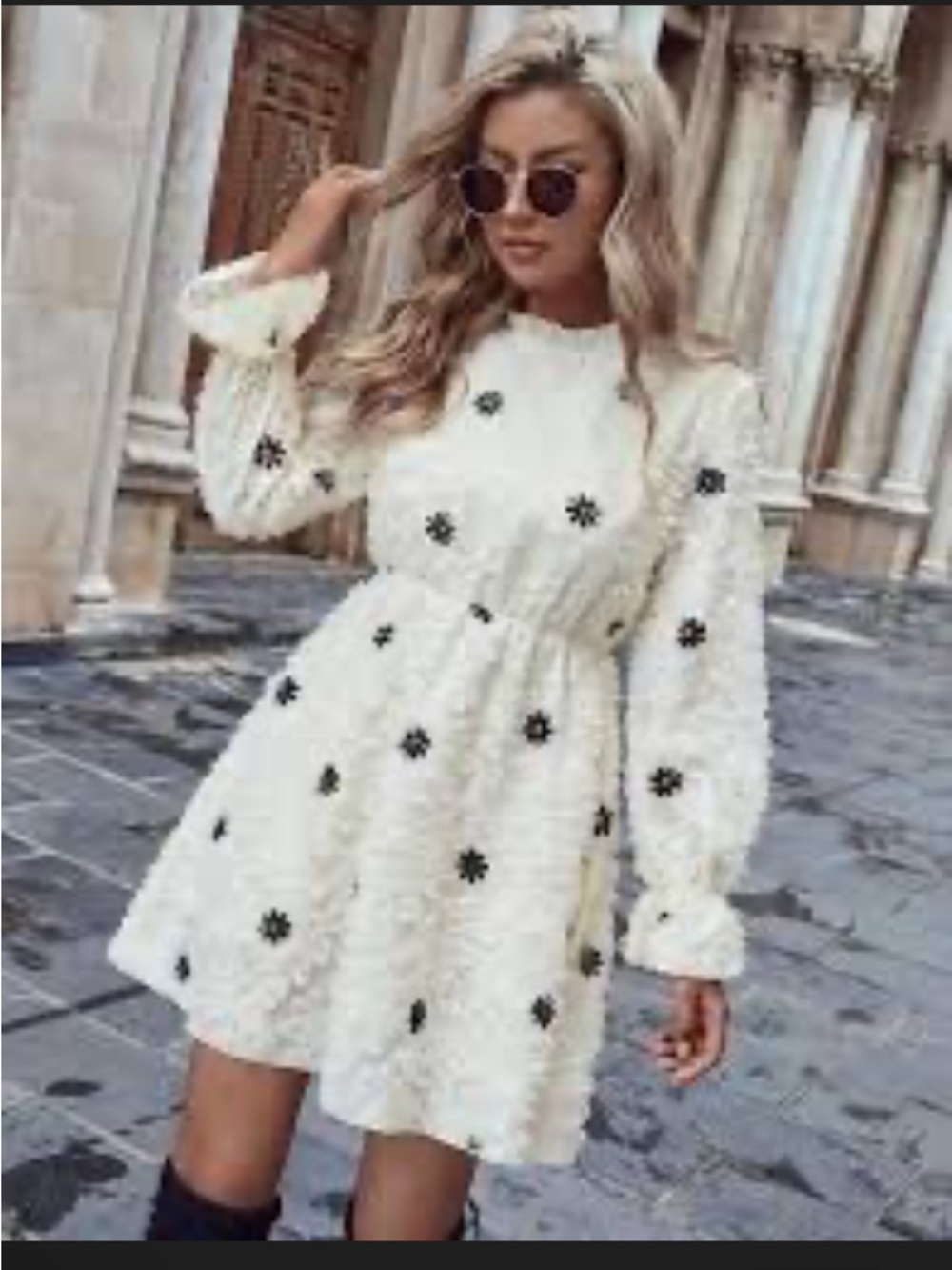 SHEIN Cream Long-Sleeve Floral Embroidered Mini Dress